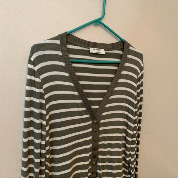 Zenana Green Stripe Snap Front Vneck Cardigan - Picture 2 of 6